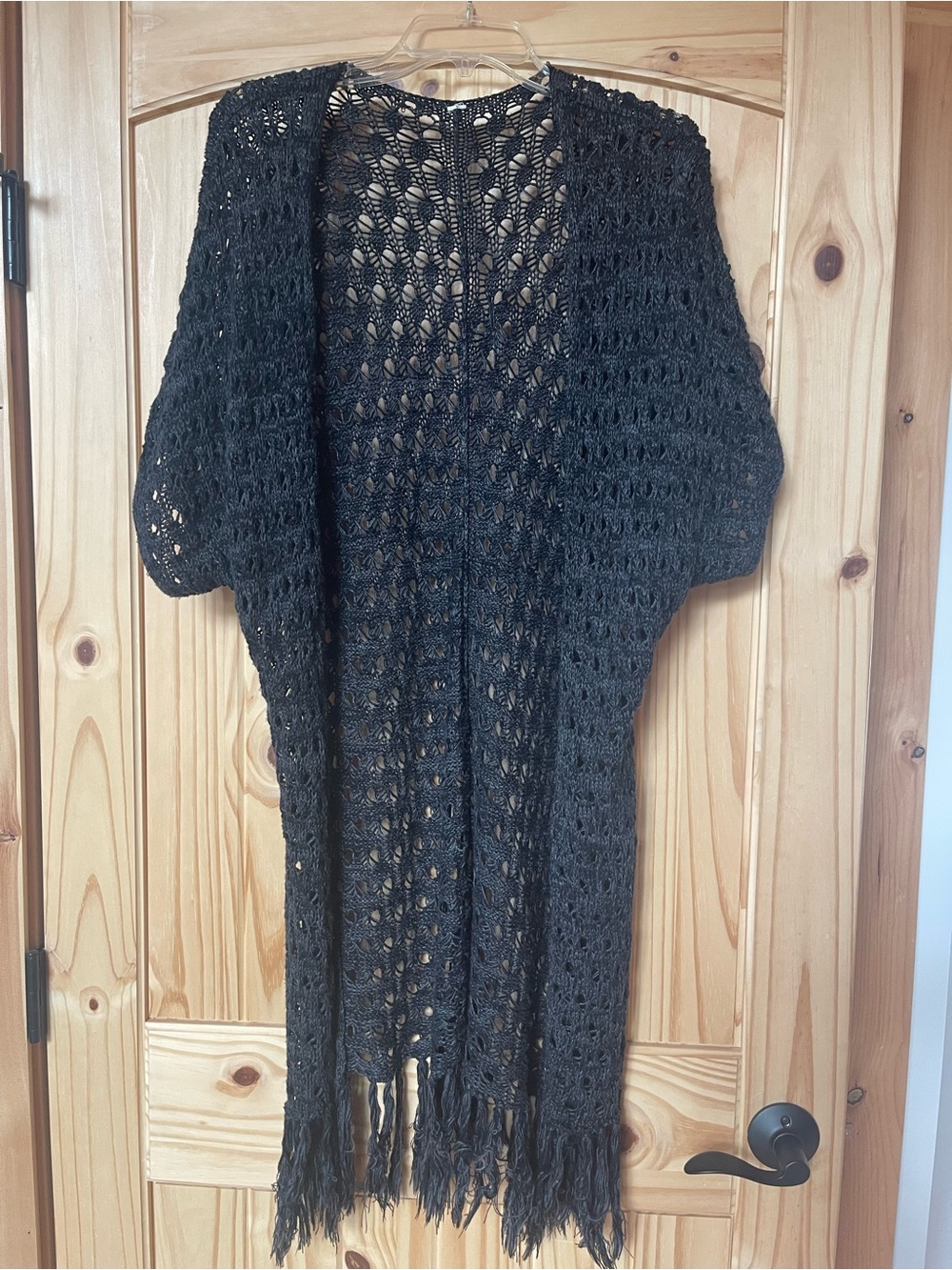 Charcoal Crochet Fringe Open Cardigan Sweater -  Women